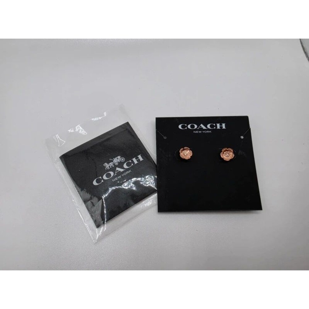 Coach Rose Gold Tea Rose Flower Stud Earrings with Crystal Center NWT